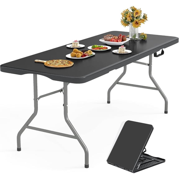 8 Ft Foldable Table, Portable Folding Table with Safety Locks for Indoor & Outdoor Use (Black)