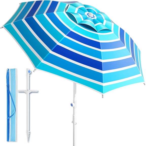 8 Ft Large Beach Umbrella with Heavy Duty Sand Anchor Tilt Function UPF50+ UV Protection Wind Resistance Waterproof Canopy Portable for Outdoor Patio Yard Garden Pool