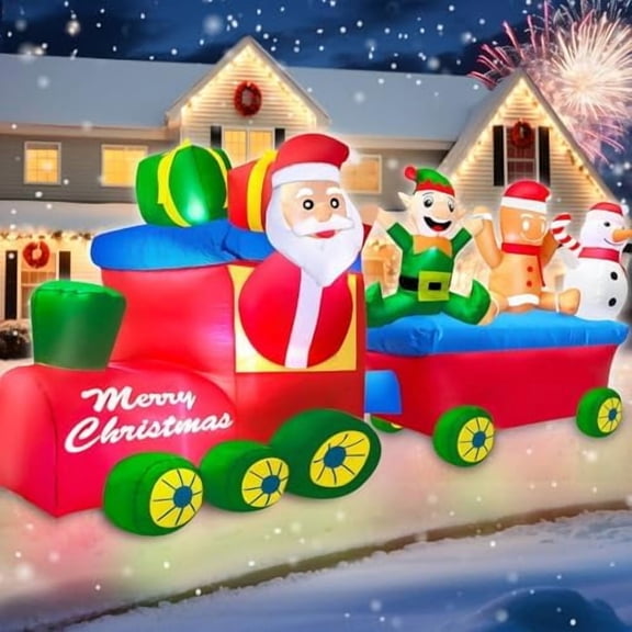 8 Ft Long 4.5 Ft Tall Christmas Train Inflatable Outdoor Yard Decoration, Blow Up Santa Claus Driving Train with Snowman Elf Gingerbread Man Gift Boxes Built-in Lights for Holiday Lawn Garden Decor