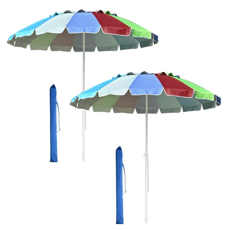 8ft steel ribs patio umbrellas 8 Ft Metal Rainbow Beach Patio Umbrella 16 Rib Tilt Market Table Sunshade 2  Pack