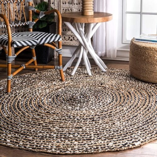 8 Ft Round Black & White Cotton Jute Area Rug, Hand-Woven Farmhouse Boho Style, Durable & Pet-Friendly Rug for Living Room, Dining Room, and Bedroom