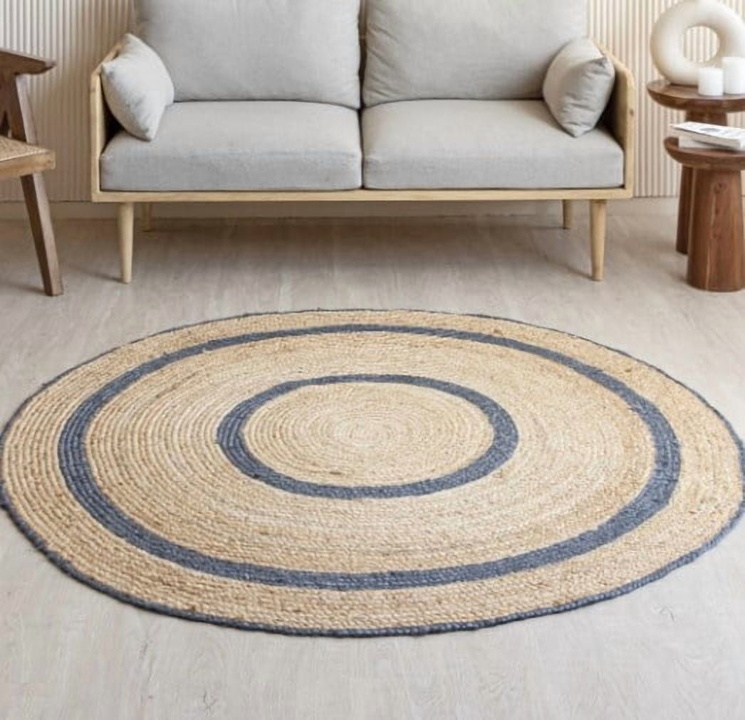 8 Ft Round Navy Blue & Natural Jute Area Rug, Hand-Woven, Reversible, Farmhouse Boho Style, Durable & Pet-Friendly Rug for Living Room, Dining Room, and Bedroom