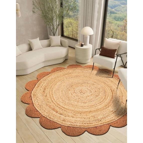 8 Ft Round Orange & Natural Jute Premium Scalloped Jute Rug – Handcrafted Natural Braided Carpet for Living Room, Bedroom, Entryway – Boho Home Decor