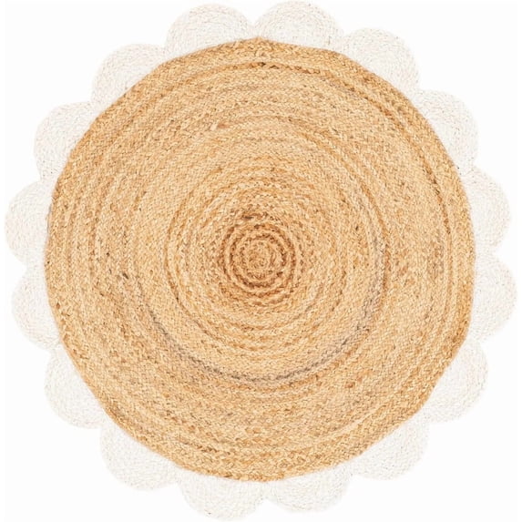 8 Ft Round White & NaturalJute Premium Scalloped Jute Rug – Handcrafted Natural Braided Carpet for Living Room, Bedroom, Entryway – Boho Home Decor