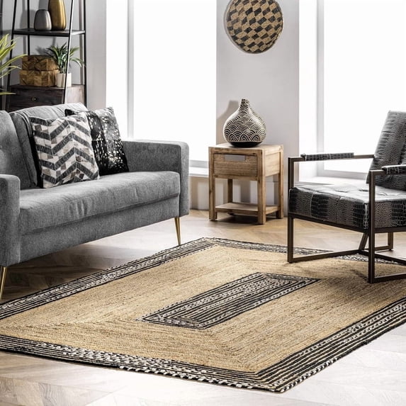 8 Ft Square Black & White Cotton Jute Area Rug, Hand-Woven, Reversible, Farmhouse Boho Style, Durable & Pet-Friendly Rug for Living Room, Dining Room, and Bedroom