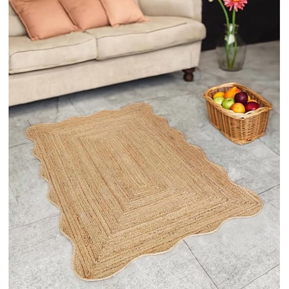 8 Ft Square Natural Jute Premium Scalloped Jute Rug – Handcrafted Natural Braided Carpet for Living Room, Bedroom, Entryway – Boho Home Decor