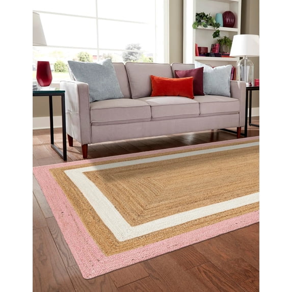 8 Ft Square Pink and White & Natural Jute Area Rug, Hand-Woven, Farmhouse Boho Style, Durable & Pet-Friendly Rug for Living Room, Dining Room, and Bedroom