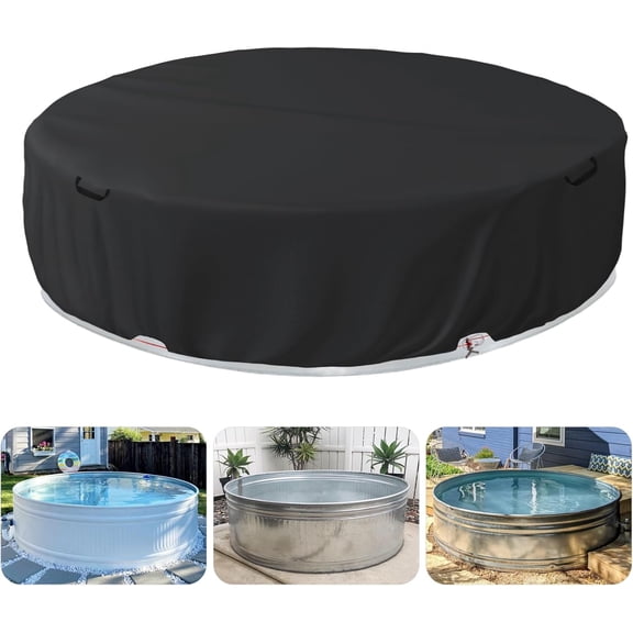 8 Ft Steel Round Stock Tank Pool Cover - Upgraded to Full Coverage, Wire Rope & Winch Design Increase Stability - Black