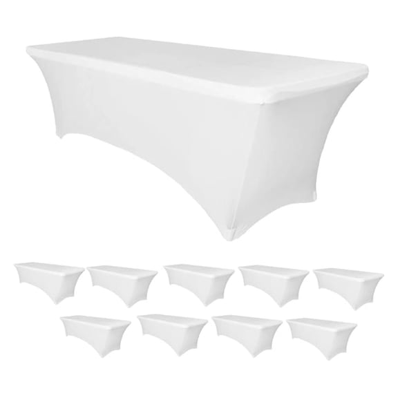 8 Ft White, 10 Pack Stretch Tight Fit Spandex Rectangular Folding Tablecover for 30Wx96Lx30H Folding Patio Tables, Banquet,Party
