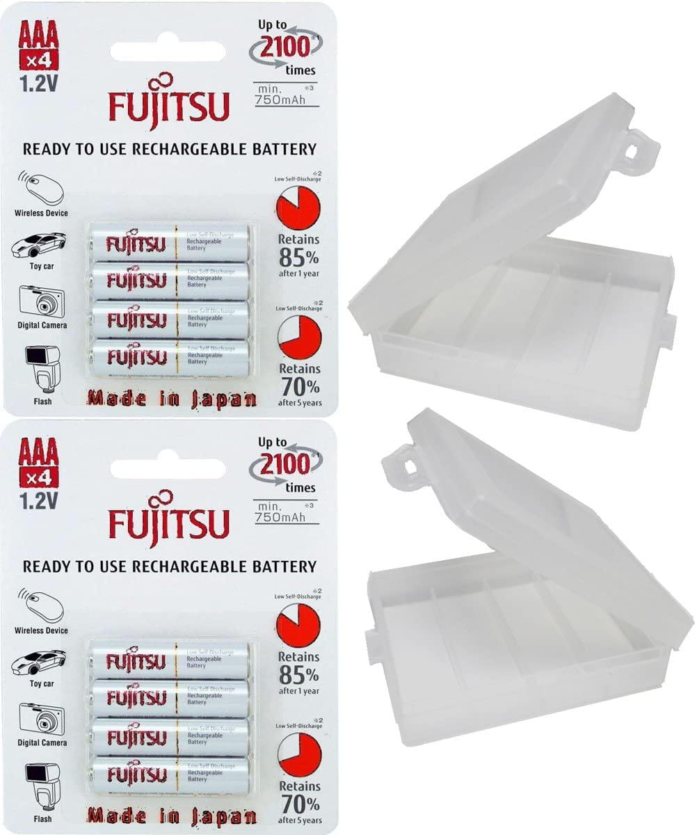8 Fujitsu HR4UTC AAA Ready-to-Use 2,100 Times Rechargeable Batteries NiMH 1.2V 800mAh (Min. 750mAh) - With Battery Holders