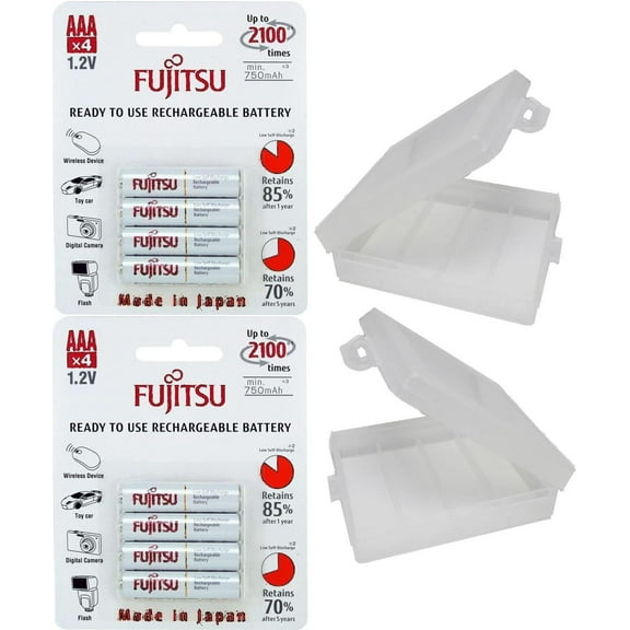 8 Fujitsu HR4UTC AAA Ready-to-Use 2,100 Times Rechargeable Batteries NiMH 1.2V 800mAh (Min. 750mAh) - With Battery Holders