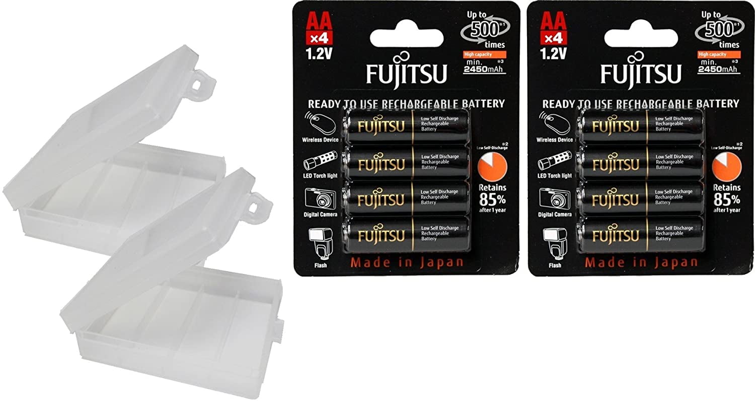8 Fujitsu Ready-to-Use AA Rechargeable NiMH 1.2V Min. 2450mAh Batteries - with Battery Holder