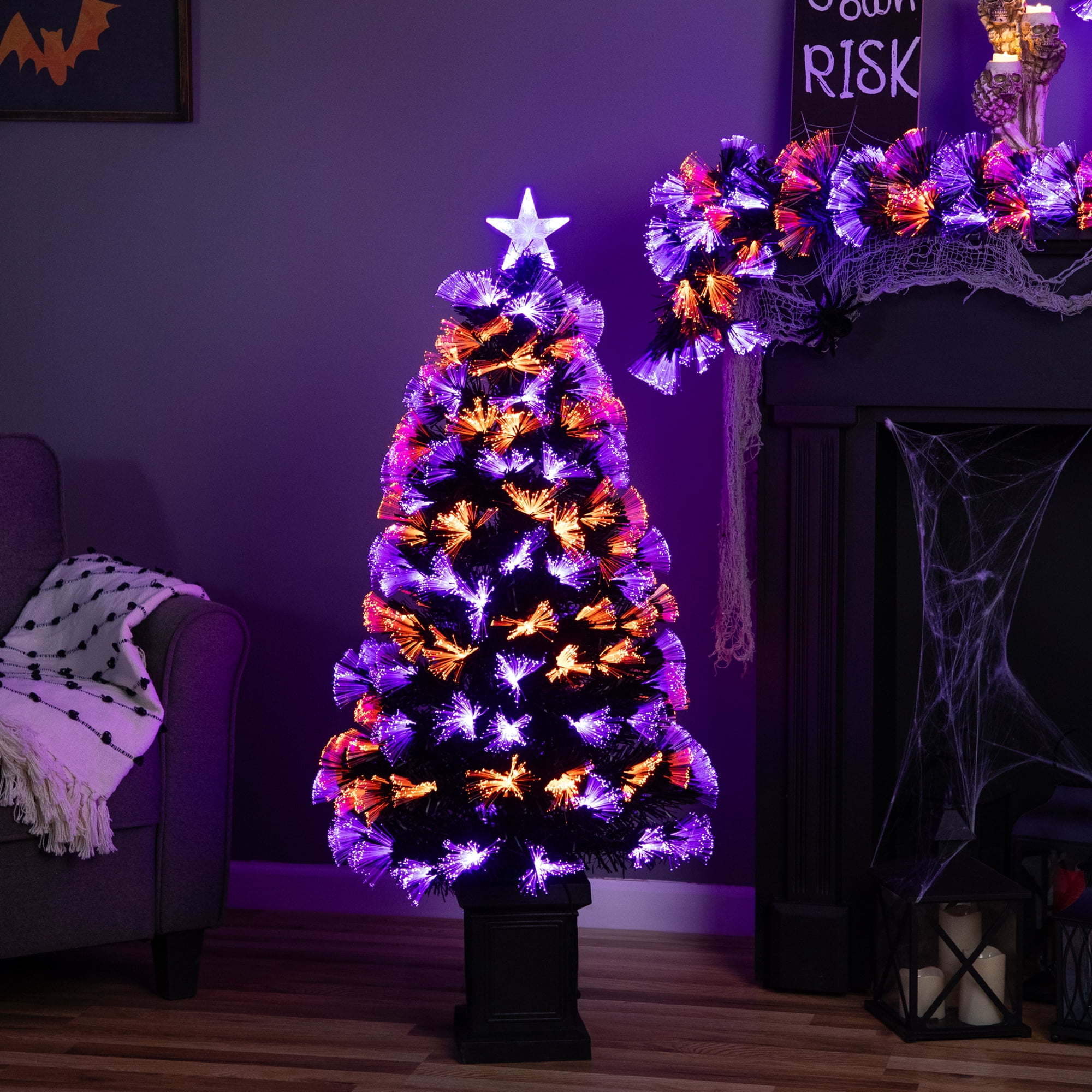 8-Function Fiber Optic Artificial Pine Potted Halloween Tree - 4' - Black - Orange and Purple LED