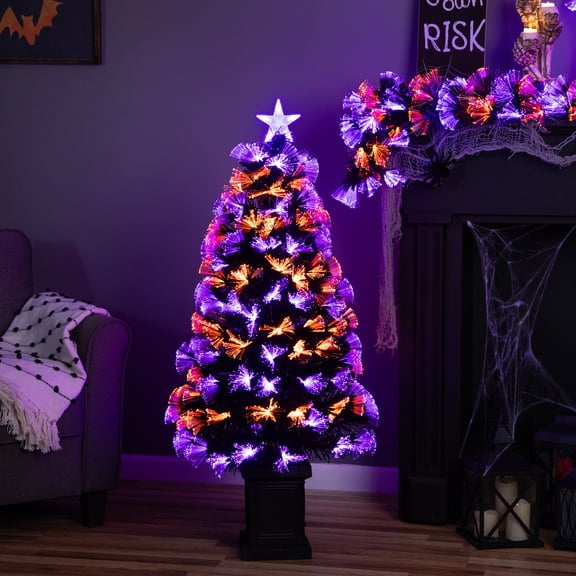 8-Function Fiber Optic Artificial Pine Potted Halloween Tree - 4' - Black - Orange and Purple LED