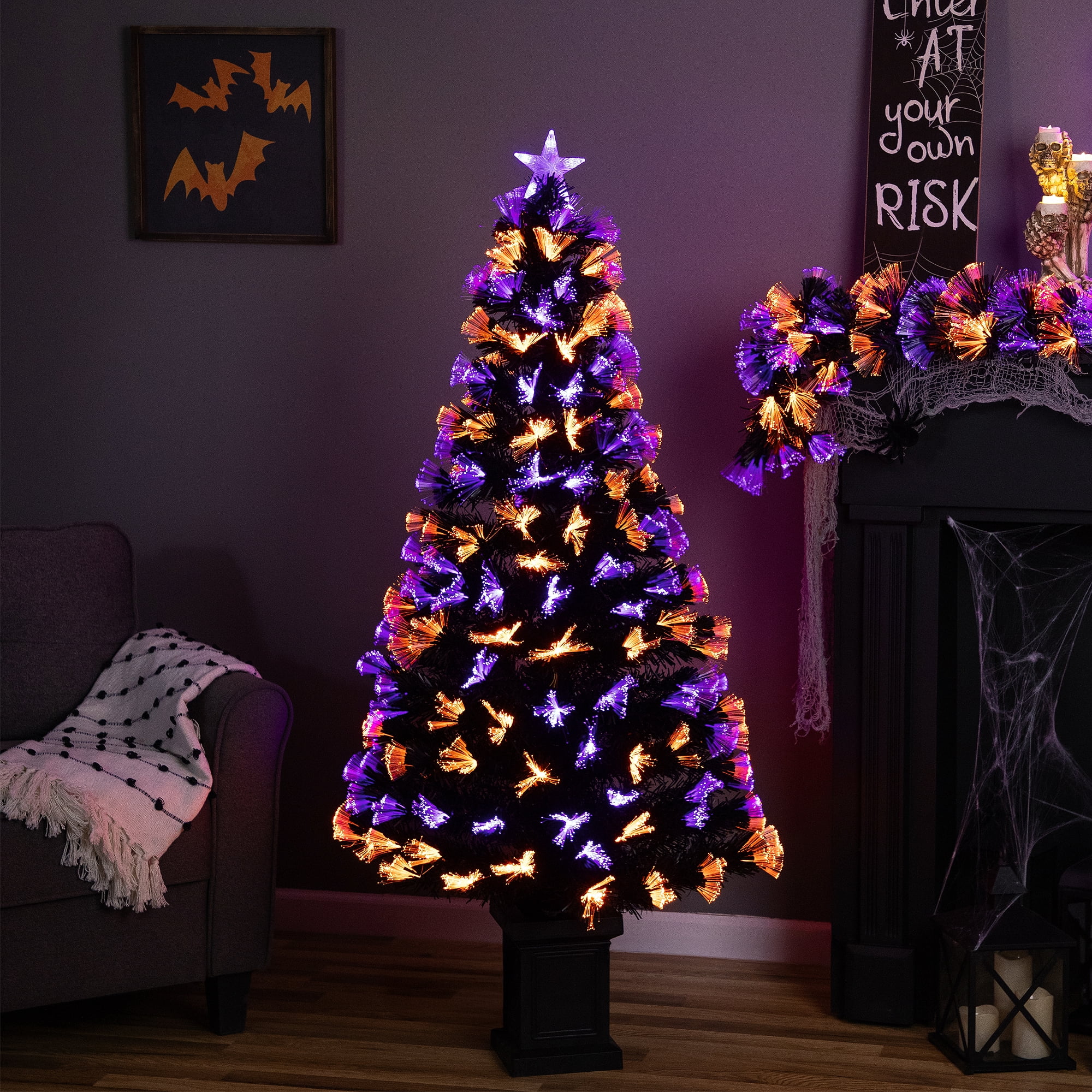 8-Function Fiber Optic Artificial Pine Potted Halloween Tree - 5' - Black - Orange and Purple LED