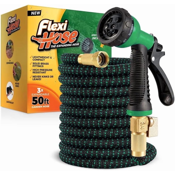 8-Function Nozzle 50ft Expandable Garden Hose with 3 4 Inch Brass Fittings and Double Latex Core