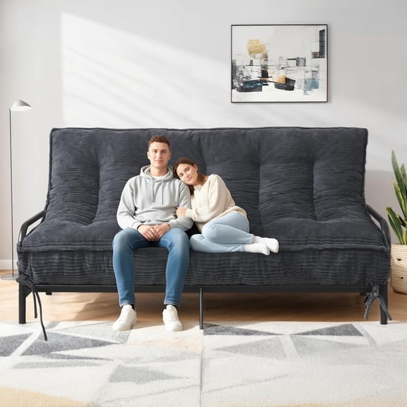 8" Futon Mattress Queen Size, Futons Sofa Bed Sleeper Couch Bed, Roll Up Mattress with Shredded Foam & 2 Straps, Futon Floor Mattress for Living Room & Guest Room, Corduroy (Frame Not Included)