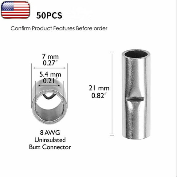 8 GAUGE TINNED COPPER BUTT CONNECTOR 50 PK CRIMP TERMINAL AWG BATTERY