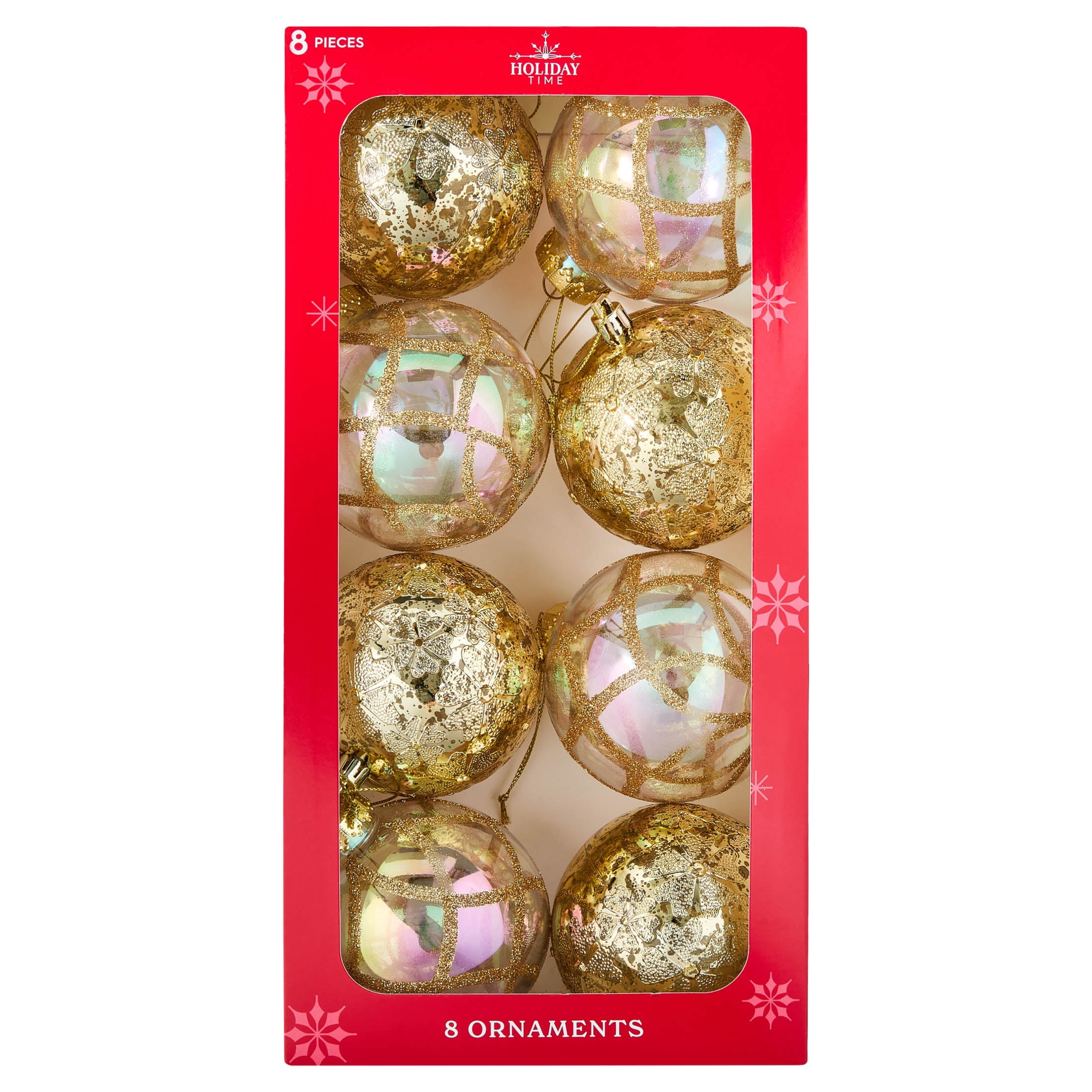 8-Count Gold and Iridescent Vintage-Style Shatterproof Christmas Ornaments, 4.3", by Holiday Time