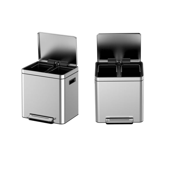 8 Gal (2 × 15 L) Dual Compartment Trash Can, Stainless Steel Step Pedal Garbage Bin with Odor Sealing Lid, Removable Inner Buckets for Kitchen Home Office