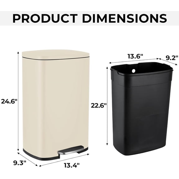 8 Gal Kitchen Trash Can, 30L Recycling or Garbage Bin, Brushed Stainless Steel Waste Basket, Soft&Quiet Close Dustbin, with Step-On Pedal, Removable Inner Bucket, for Home, Office, Living Room