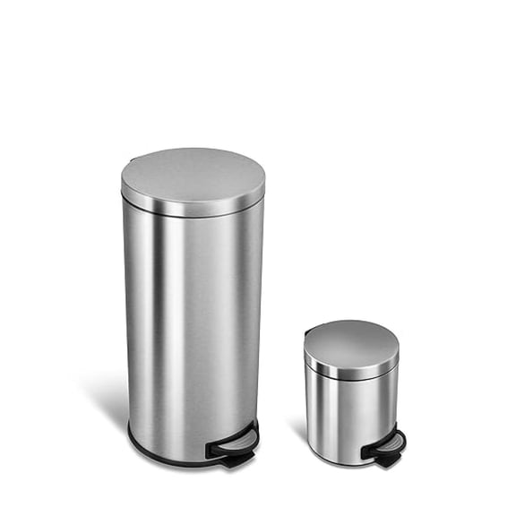 8 Gallon and 1.2 Gallon Combo Set Round Stainless Steel Step on Trash Can, Fingerprint-Resistant Soft Close Lid Hands-Free Trash can, Removable Plastic Inner Bucket Waste Bin, 8 Gal 30L & 1.2 Gal 5L