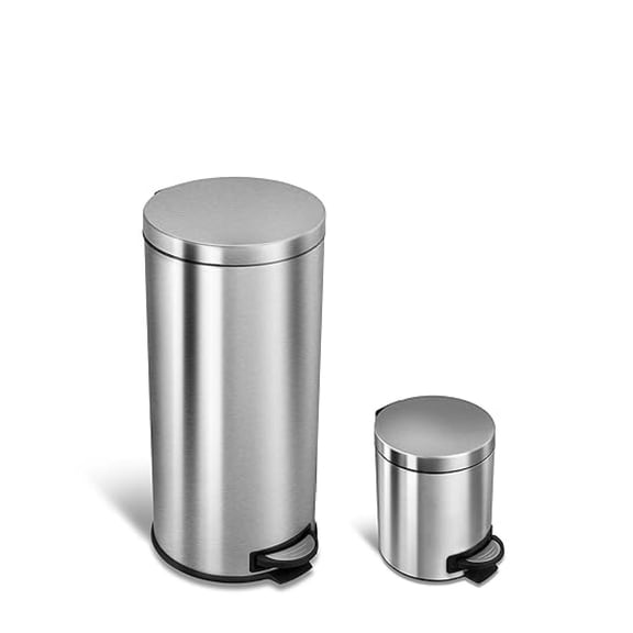 8 Gallon and 1.2 Gallon Combo Set Round Stainless Steel Step on Trash Can, Fingerprint-Resistant Soft Close Lid Hands-Free Trash can, Removable Plastic Inner Bucket Waste Bin, 8 Gal 30L & 1.2 Gal 5L