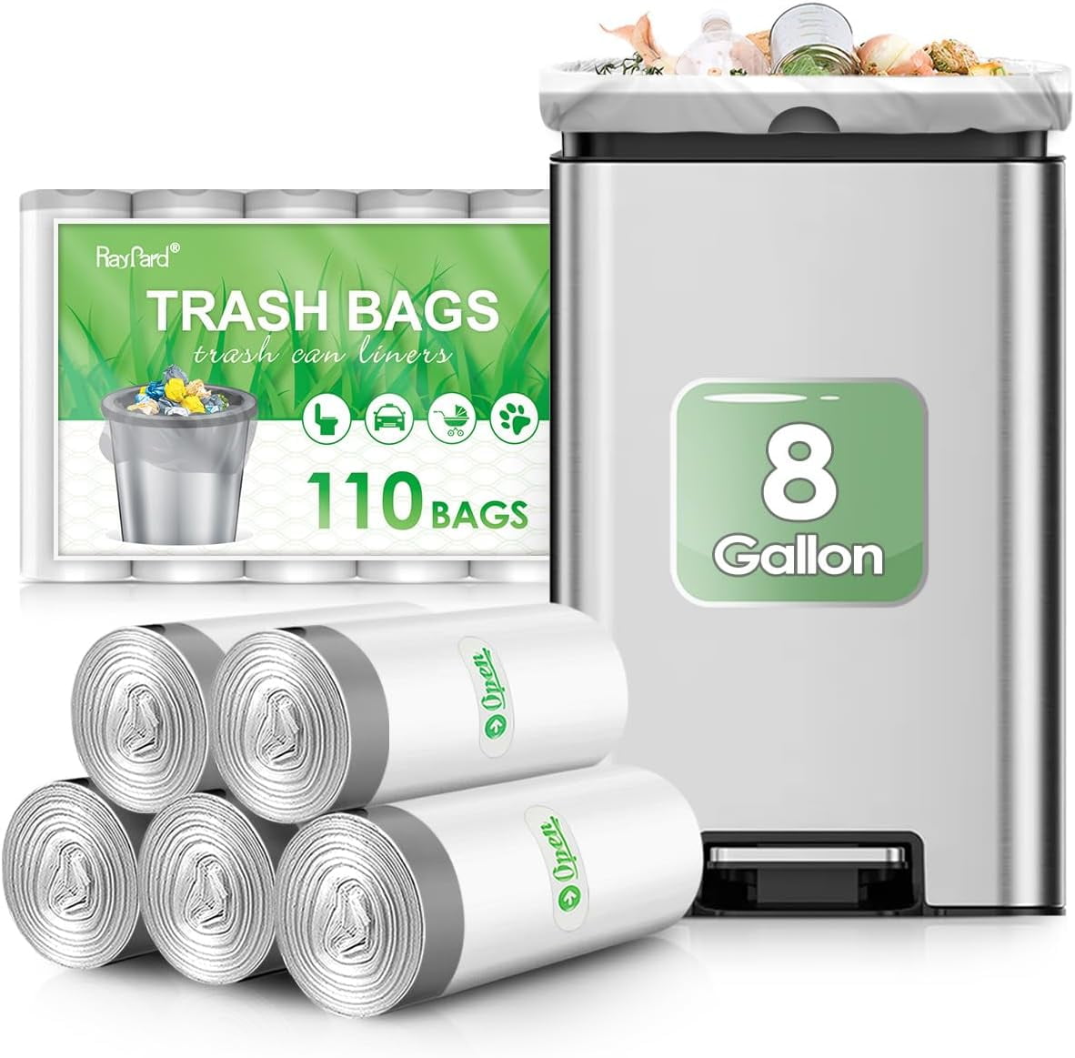 8 Gallon 110 Counts Strong Drawstring Trash Bags Garbage Bags by RayPard, Medium Trash Bags fit 30 Liter Trash Can for Home Office Kitchen Bathroom Bedroom, White Waste Basket Liners