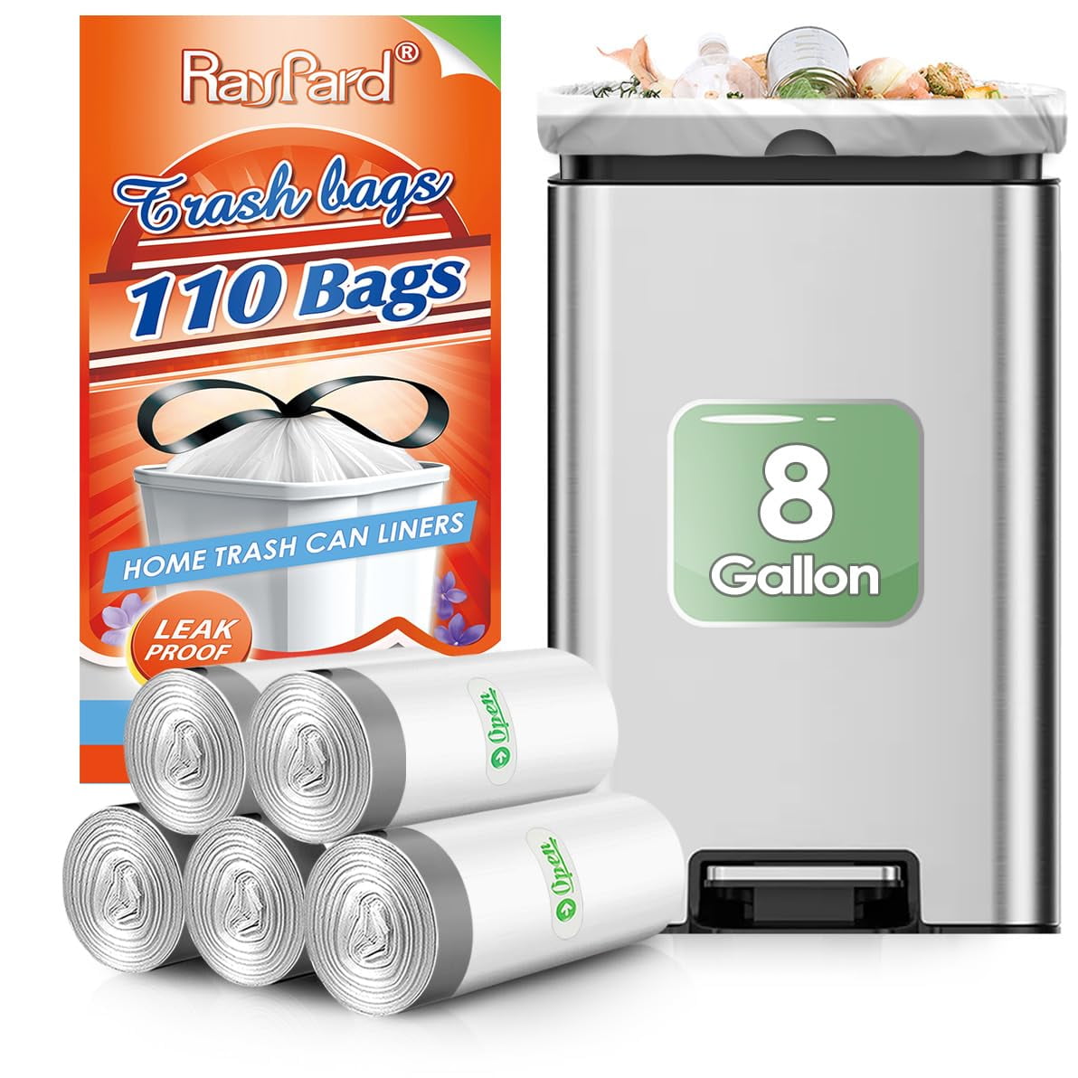 8 Gallon 110 Counts TSF6Strong Drawstring Trash Bags Garbage Bags by RayPard, Medium Trash Bags fit 30 Liter Trash Can for Home Office Kitchen Bathroom Bedroom, White Waste Basket Liners