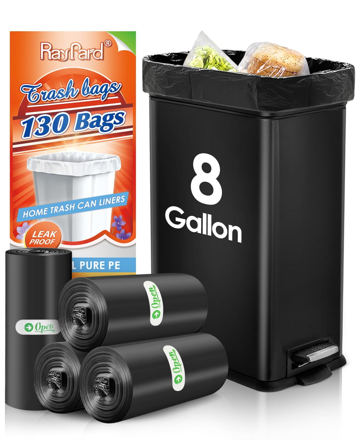 8 Gallon 130 Counts TSF6Strong Trash Bags Garbage Bags by RayPard, fit 30 Liter Kitchen Waste Basket, Medium Trash Bags Can Liners for Home Office Kitchen Bathroom Bedroom, Black