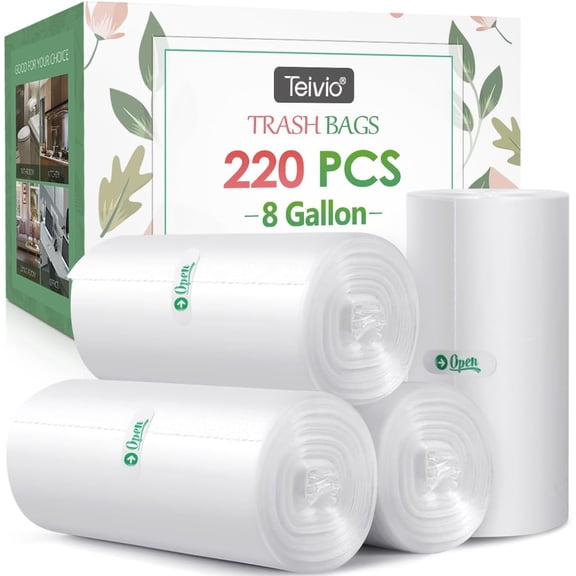 8 Gallon 220 Counts Strong Medium Trash Bags Garbage Bags, Bathroom Trash Can Bin Liners, Plastic Bags for home office kitchen, Clear