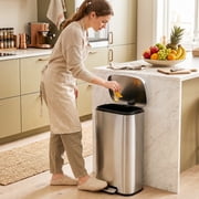 8 Gallon/30 L Kitchen Step Trash Can with Lid Brushed Stainless Steel Garbage Can with Plastic Inner Bucket Metal Pedal Waste Bin, Silver