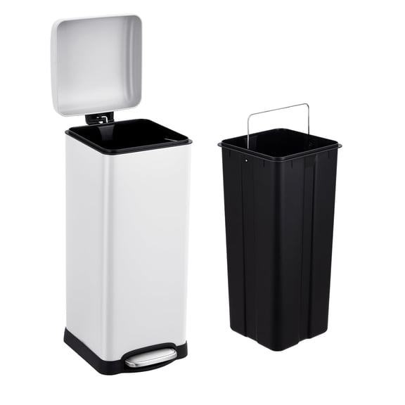 8 Gallon/30 L Kitchen Trash Can,Fingerprint-Proof Stainless Steel Trash Bin with Removable Inner Bucket,Rectangular Step Garbage Can with Soft Close Lid for Dining Room,Bathroom,White