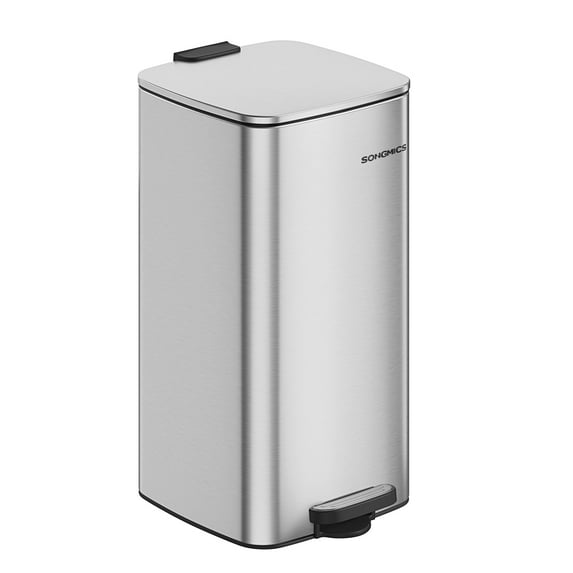 8-Gallon (30 L) Kitchen Trash Can, Trash Bin, Stainless Steel Garbage Can, with Inner Bucket, Soft Close and Stays Open, Metallic Silver