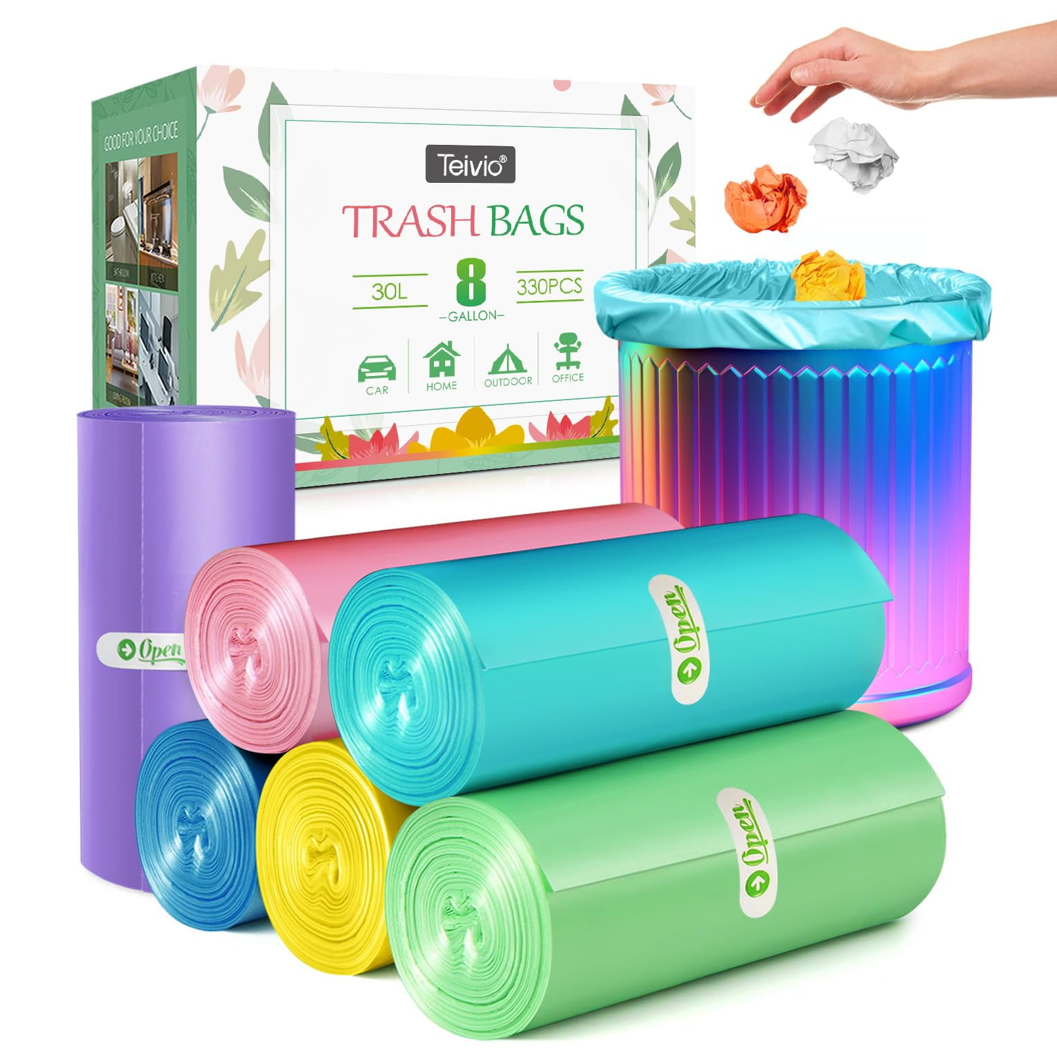 8 Gallon 330 Counts AIF9 Strong Trash Bags Garbage Bags by Teivio, Bathroom Trash Can Bin Liners, Plastic Bags for home office kitchenMulticolor