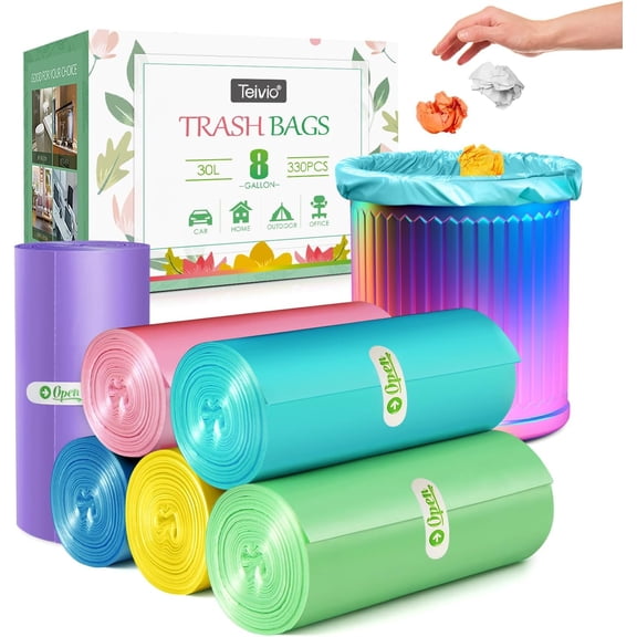 8 Gallon 330 Counts Strong Trash Bags Garbage Bags by , Bathroom Trash Can Bin Liners, Plastic Bags for home office kitchenMulticolor