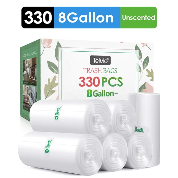 8 Gallon 330 Counts Strong Trash Bags Garbage Bags by Teivio, Bathroom Trash Can Bin Liners, Plastic Bags for home office kitchen, Clear