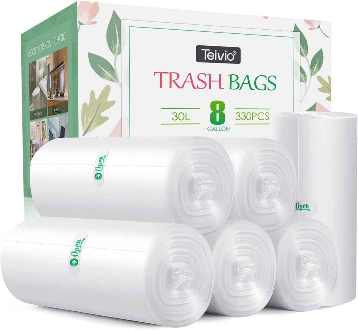 8 Gallon 330 Counts Strong Trash Bags Garbage Bags by Teivio, Bathroom Trash Can Bin Liners, Plastic Bags for home office kitchen, Clear