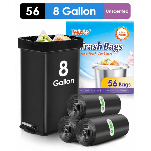 8 Gallon 56 Counts Medium Trash Bags,Fit 7,8,9,10 Gal Garbage Bags by Teivio, 30 Liter Thick Bathroom Can Bin Liners,Plastic Bags for Home Office Kitchen, Black