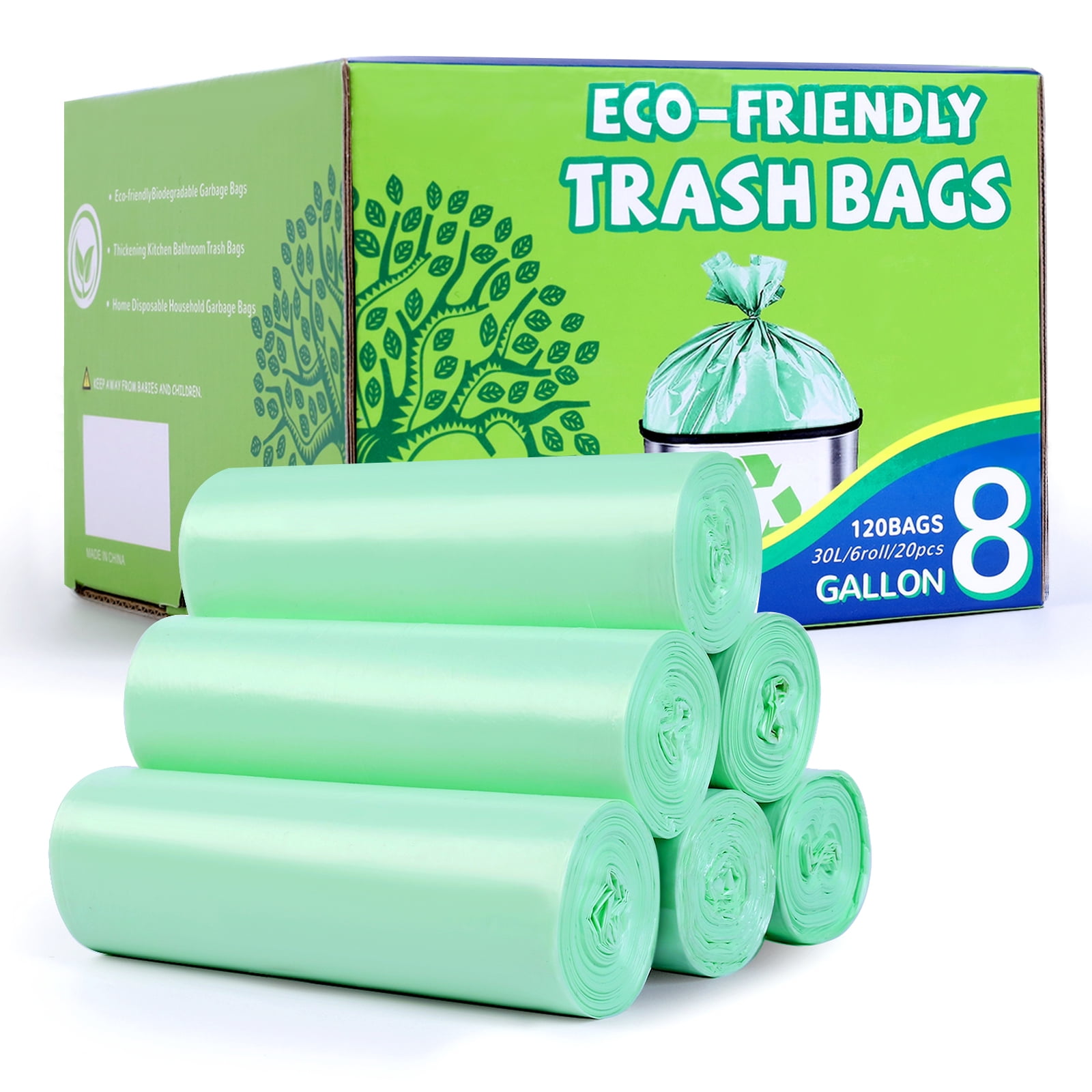8 Gallon Bags Biodegradeable Medium Garbage Bags, Extra Strong -Can-Liner for Bathroom Kitchen Office (120 Counts, 30 Liter, Green)