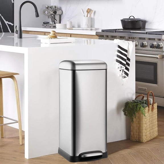 8 Gallon Bathroom Step Trash Can, 30-Liter Square Stainless Steel Foot Pedal Garbage Can with Soft-Close Lid for Kitchen, with Removable Inner Bucket