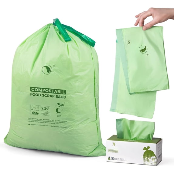 8 Gallon Compostable Drawstring Kitchen Bags,30.3 Liter, 30 Count, 1 Mil,Heavy Duty Bags, BPI, Seedling and OK compost INDUSTRIAL