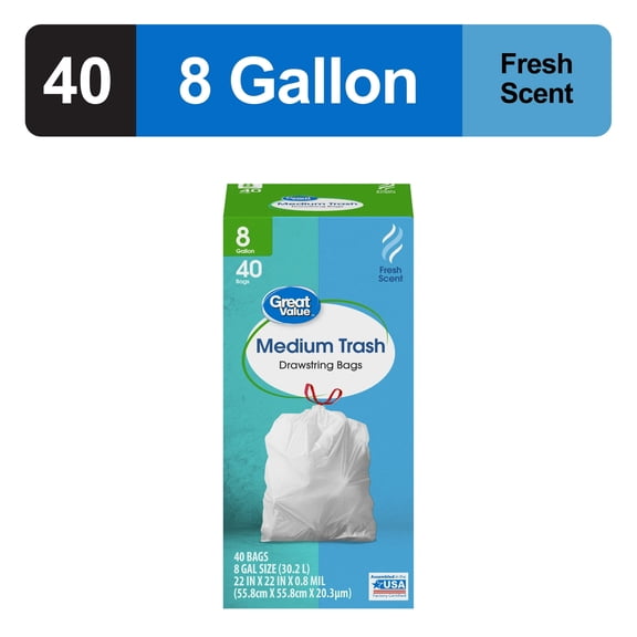 8-Gallon Drawstring Medium Trash Bags, Fresh Scent, 40 Bags