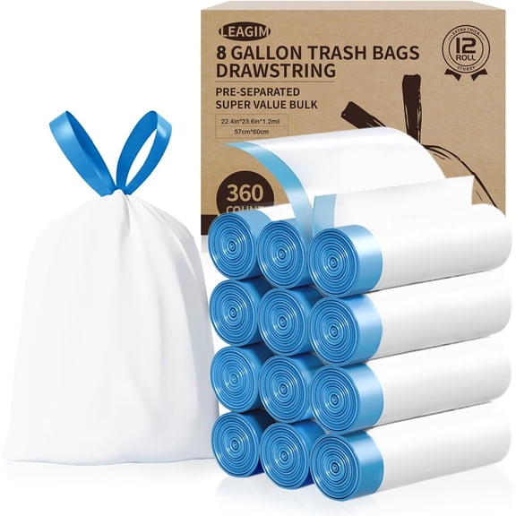 8 Gallon Drawstring Trash Bags 360 Count 1.2 Mil Medium Plastic Liners 22.4 in x 23.6 in Unscented