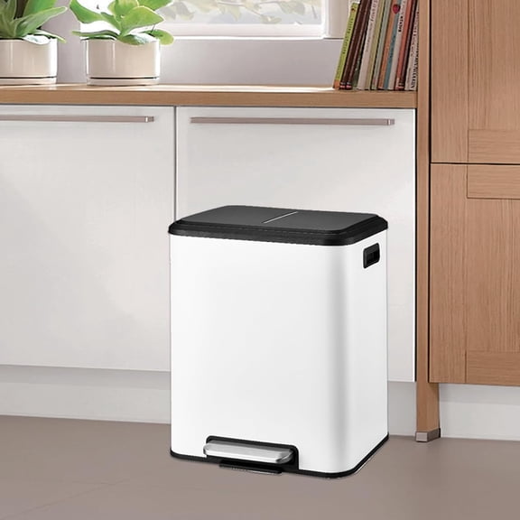 8 Gallon Dual Compartment Trash Can, Stainless Steel Garbage Can with Soft-Close Lid and Two Removable Inner Buckets, 2 x 15L Two Compartment Trash Bin for Kitchen Bedroom Home, White