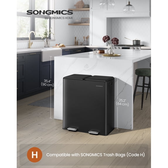 8-Gallon Dual Compartment Trash Can - Stainless Steel with Odor Control, Soft-Close Lids & Pedals, Ink Black