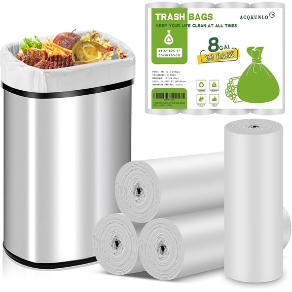 8 Gallon Kitchen Trash-Bags Biodegradable-Garbage-Bag Unscented - Compostable Large White 80 Count Recycling Thick Big Gal Medium Outdoor Tall Can Liners Waste Basket