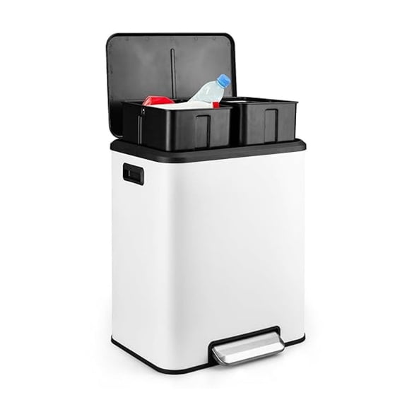 8 Gallon Kitchen Trash Can, Recycle Trash Can with Dual Removable Liners, Stainless Steel Dual Trash and Recycling Bin (4 + 4 for 8 Gallon Total), Rectangle, White