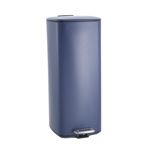 8 Gallon Kitchen Trash Can, Stainless Steel Garbage Can with Lid and Inner Bucket, Step-On Square Trash Bin for Home Office Bedroom Bathroom Laundry Room, 30 Liter, Navy Blue