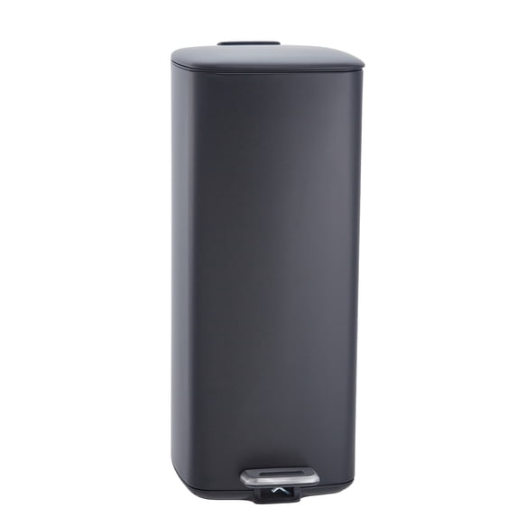 8 Gallon Kitchen Trash Can, Stainless Steel Garbage Can with Lid and Inner Bucket, Step-On Square Trash Bin for Home Office Bedroom Bathroom Laundry Room - Black